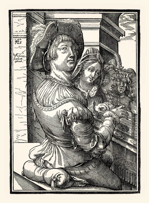 A young man playing the dulcimer, Christoffel van Sichem, after Hendrick Goltzius, 17th century, digitally restored