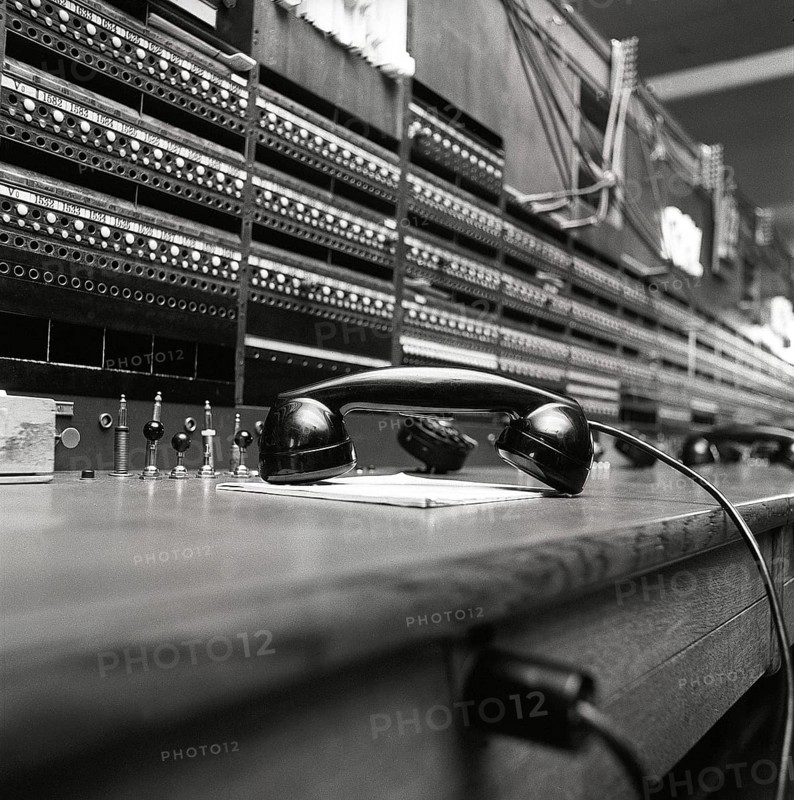 Telephony in the 1970s. Interior from an empty room with a large switchboard visible. Technology of the past that no longer is in use or the staff of it has not yet sat down to work at it. It is a manual switchboard where a human operator is needed to connect the calls manually. Sweden 1971 Kristoffersson ref ED