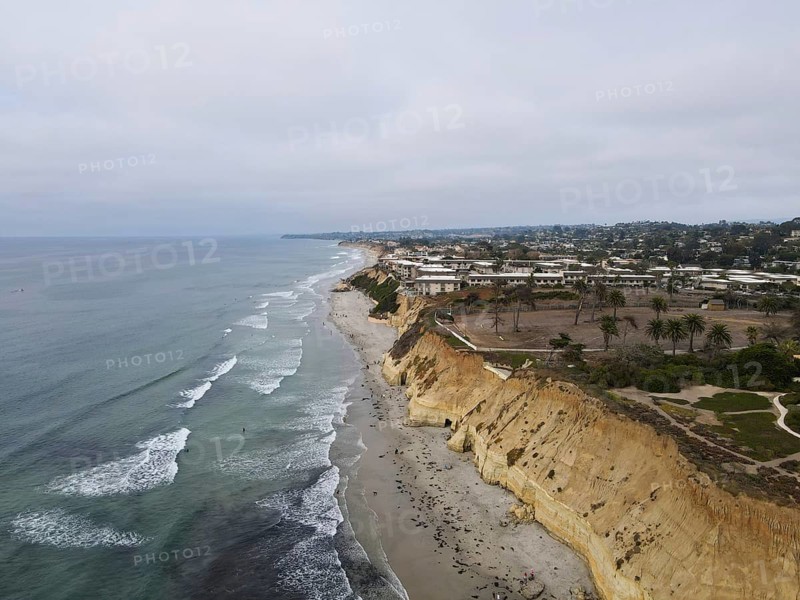Aerial view of Del Mar North Beach, California coastal cliffs and House with Pacific ocean. San Diego County, California, USA, North America