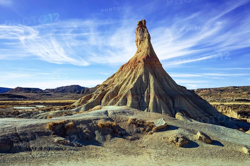 The rock of Castildetierra. Bardenas Reales, the Spanish province of Navarre. Rock formations are unparalleled in Europe. Journey to the warm Spanish autumn