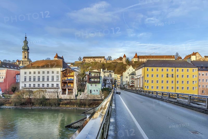 View of Burghausen from Salzach river bridge, Upper Bavaria, Germany, Europe