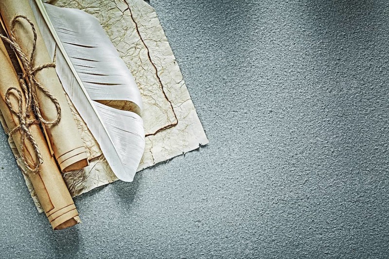 Vintage paper scrolls plume on grey background top view
