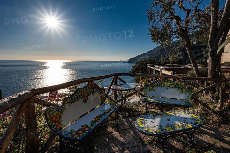 Amalfi Coast in Positano, Italy during sunny day. View of Positano with blue sea on Amalfi Coast in Campania, Italy, Europe