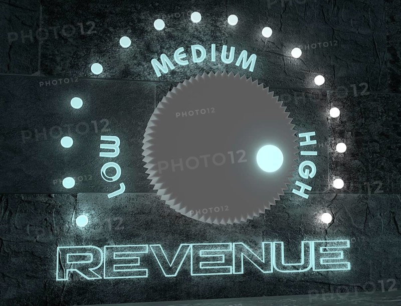Balance adjust between low and high revenue. regulator with neon shine scale. 3D rendering