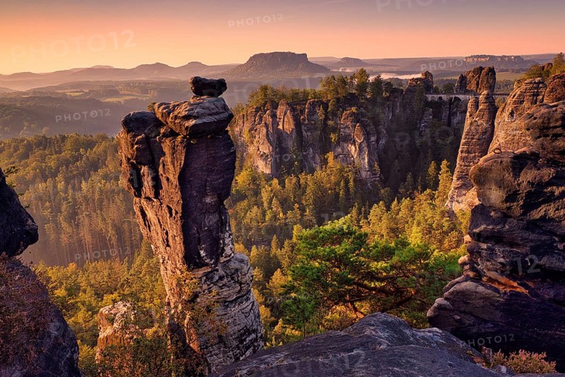 Sunrise, rocks, mountains, forest, Bastei, Wehlnadel, Saxon Switzerland, Germany, Europe