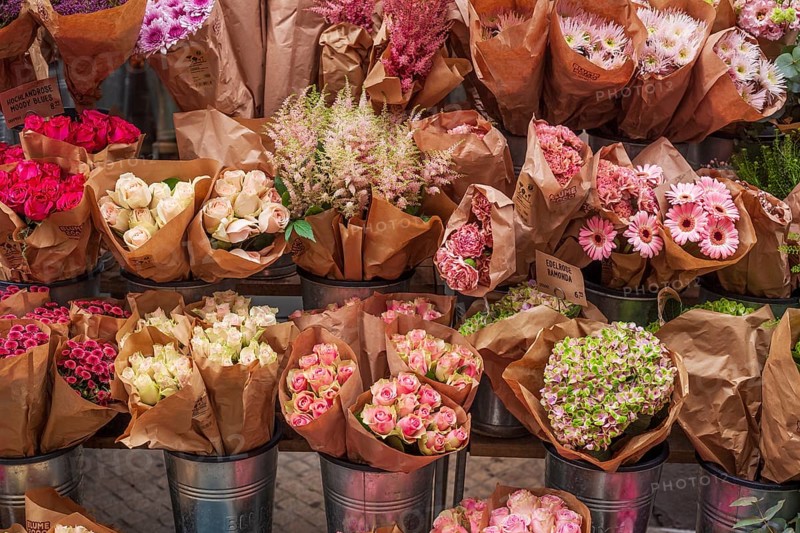 Bundled bouquets in front of a flower shop, Germany, Europe