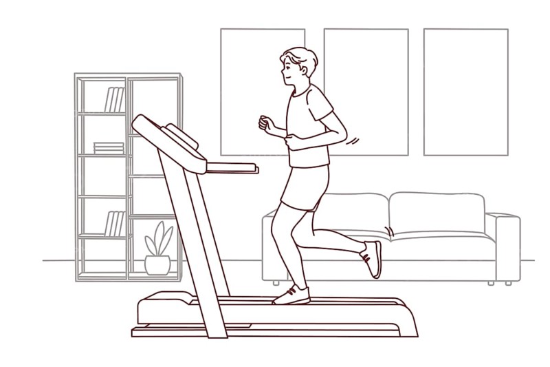 Young sportive man in sportswear running on racetrack at home. Toned motivated male do sports training indoors. Physical activity. Vector illustration
