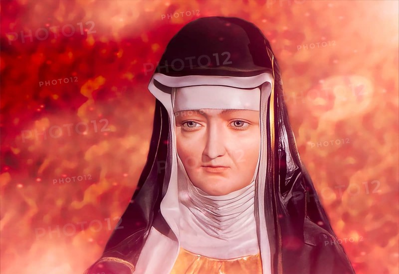 Figure of Hildegard of Bingen, Sibyl of the Rhine, 1098 – 1179, German Benedictine abbess and polymath, digitally edited