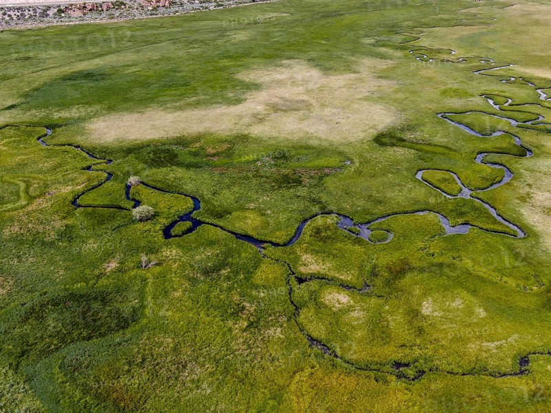 Aerial view of green land and small curve river in Aspen Springs, Mono County California, USA, North America