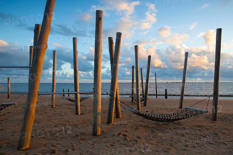 Dramatic sunset on the empty beach, Hjerting, Jutland, Denmark. Hjerting is a district of Esbjerg in southwest Jutland, Denmark, Europe