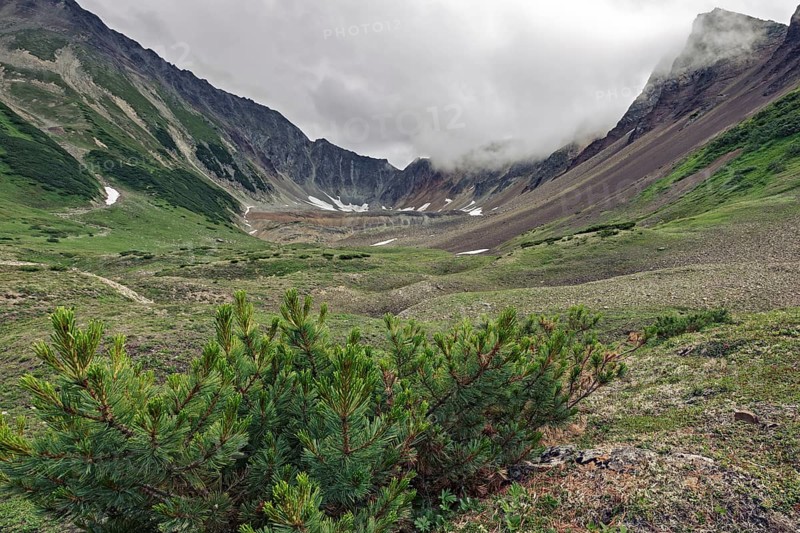 Summer mountain landscape of Kamchatka Peninsula: beautiful view of Mountain Range Vachkazhets, mountain circus with rocky slopes in overcast weather. Eurasia, Russian Far East, Kamchatka Region