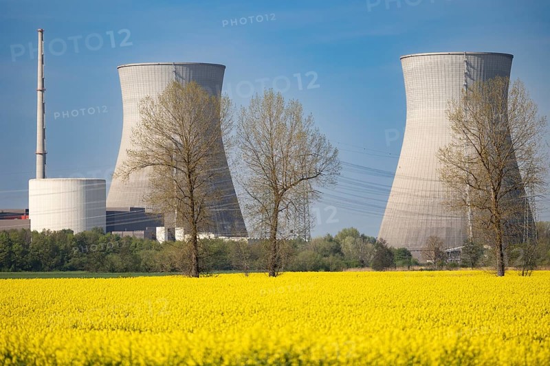 The two large cooling towers of the former Gundremmingen nuclear power plant, in the foreground a blossoming rape field in sunny weather, district of Günzburg, Bavaria, Germany, Europe
