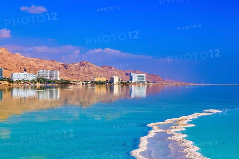 The shoaled Dead Sea at coast of Israel. Emerald water of the Dead Sea