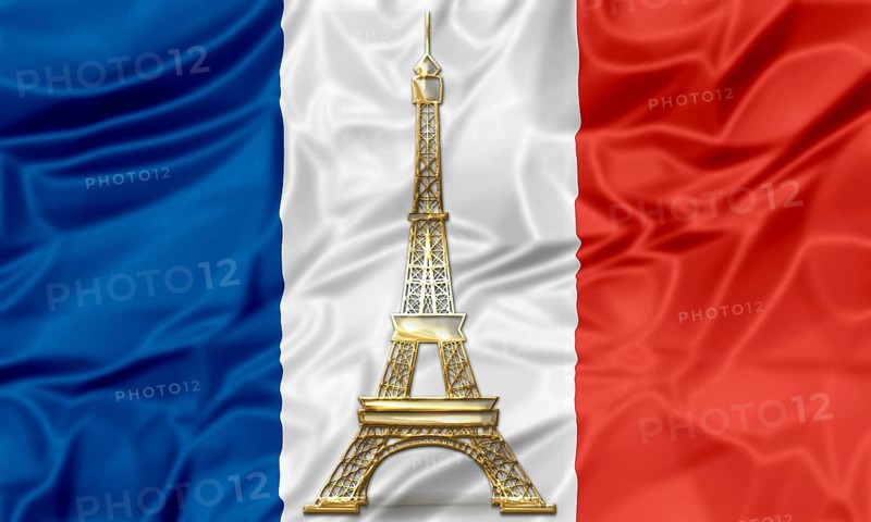 The national waving flag of France. Blue, white red background with gold Eiffel Tower symbol