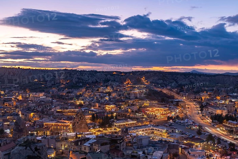 A picture of the town of Goreme, in Cappadocia, at sunset