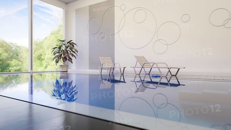 A private indoor pool with sun loungers. 3D illustration