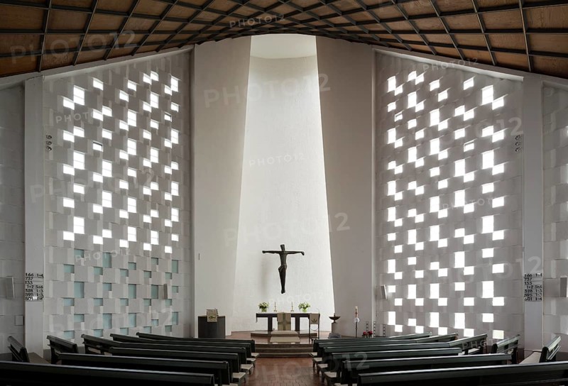 Built in 1963 by Walter and Rainer Blaich, view to the altar, wooden ceiling in the shape of a hyperboloid, St., Sankt, Saint