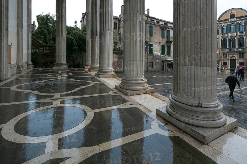 Italy Venice Church of San Nicolò da Tolentino -345 portico 1704-16 v A Triali baroque stone inlaid floor in marble and granite in the rain