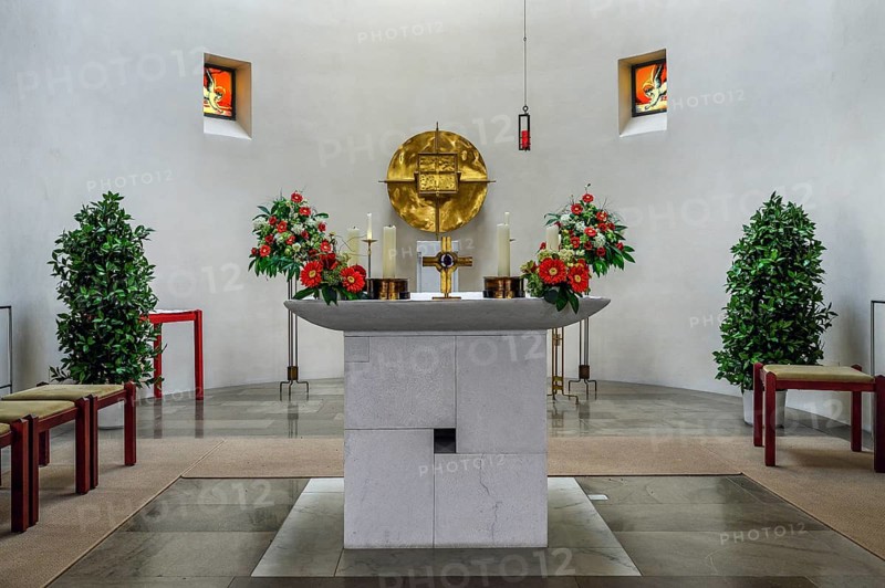 The flower-decorated altar in the Church of the Visitation of the Virgin Mary, Leubas near Kempten, Allgäu, Bavaria, Germany, Europe