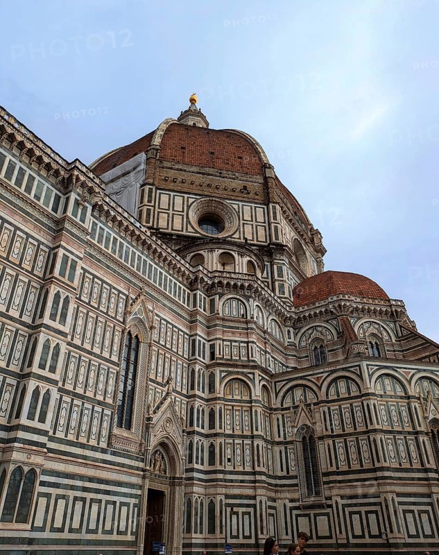 Florence Cathedral with its intricate marble facade and iconic red dome under a cloudy sky. Florence, Italy, Europe