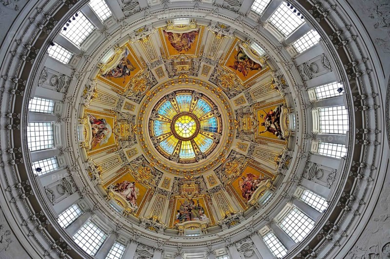 Dome of the Berlin Cathedral photographed from below with brightening in post