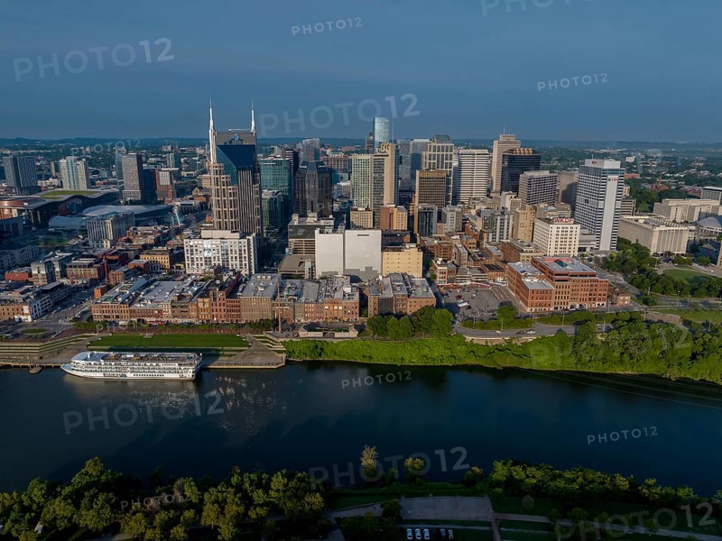 Aerial view of the city of Nashville, TN located on the Cumberland River. The city is the capitol for the Volunteer State