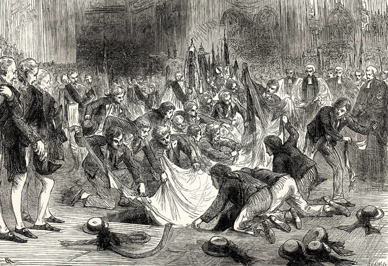 Horatio Nelson's funeral at St Paul's Cathedral on 9 January 1805, sailors tearing his flag apart for souvenirs, From British Battles on Land and Sea by James Grant