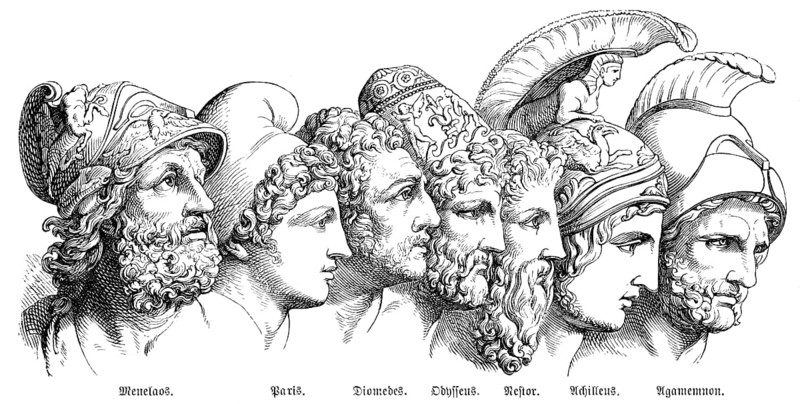 The heroes of the Trojan War: Menelaos, Paris, Diomedes, Odysseus, Nestor, Achilles, Agamemnon