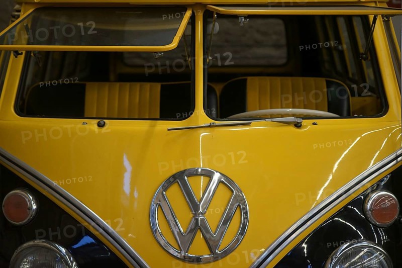 Mainz, Germany - November 04, 2017: The front view with windscreen and logo of an old VW Bus classic car on 04 November 2017 in Mainz