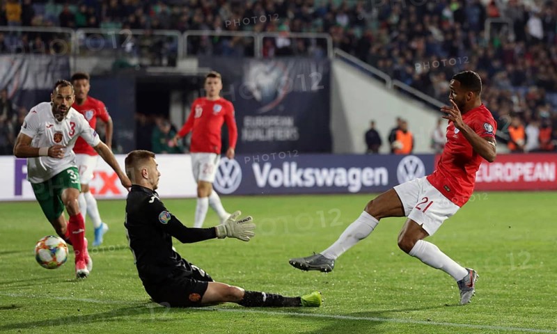 Sofia, Bulgaria - 14 October 2019: Callum Wilson is seen scoring against Bulgarian goalkeeper during Bulgaria vs England match part of 2020 European Qualifier