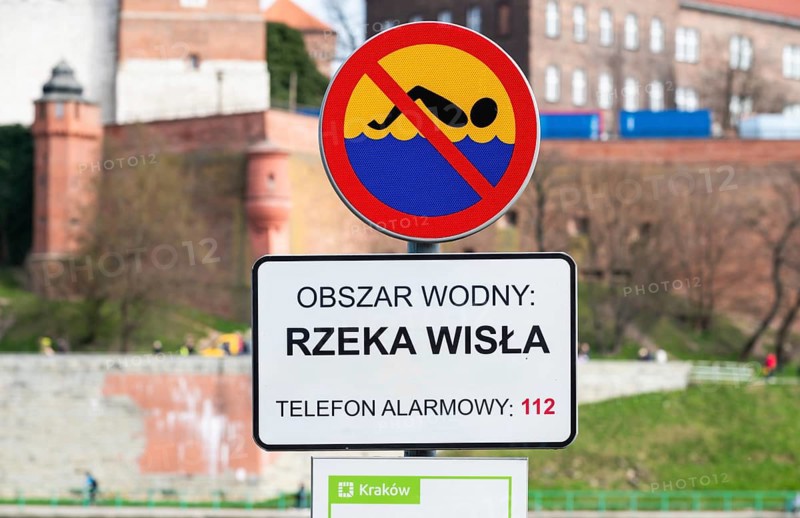 Krakow, Poland, March 23, 2024, No swimming warning at the Krakow Wisla River water area, Europe