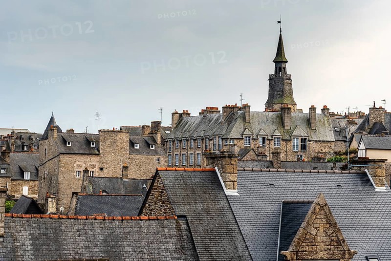 High angle view of Dinan with old cobblestoned streets and stone medieval houses, French Brittany