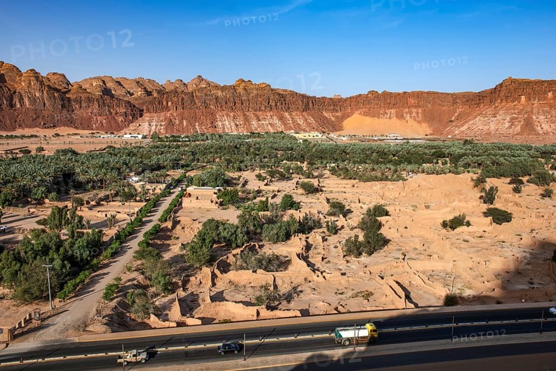 View of the palm oasis Al Ula, Kingdom of Saudi Arabia, from the fortress of the old town