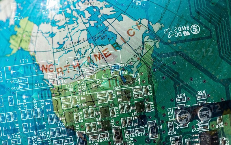 Double exposure technology background and world map. Motherboard