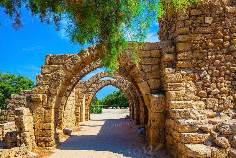 Superbly preserved ancient arched ceiling of stalls. National park Caesarea on the Mediterranean. Israel