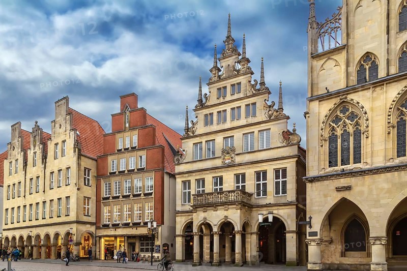 Prinzipalmarkt is historic street with buildings with picturesque pediments attached to one another in Munster, Germany, Europe