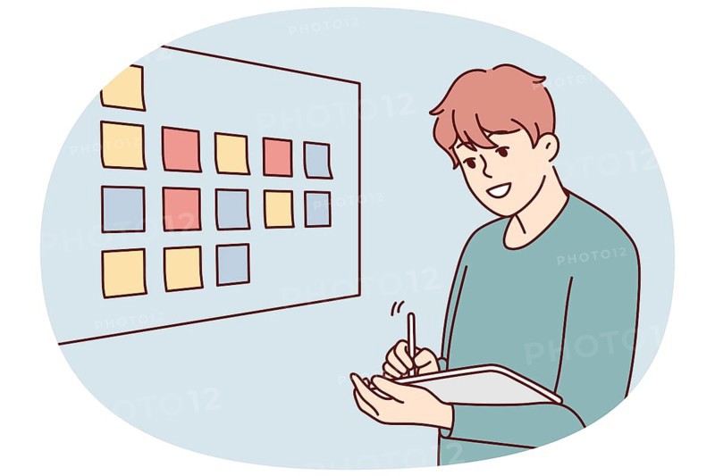Motivated businessman brainstorm wok with sticky notes on board in office. Male employee or worker involved in creative thinking at workplace. Vector illustration