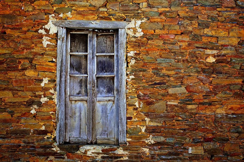 Way of Saint James slate stone and wooden window in Galicia Spain