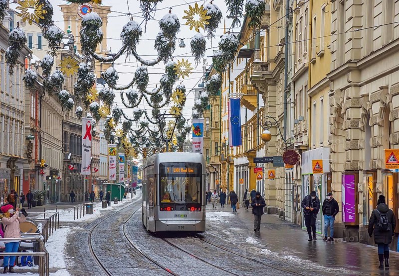 Graz, Austria - December 03, 2020: Beautiful Christmas decorations on famous Herrengasse street in the city center of Graz, Styria region, Austria, Europe