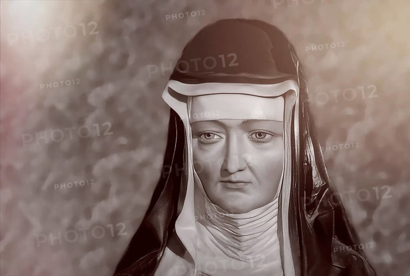 Figure of Hildegard of Bingen, Sibyl of the Rhine, 1098 – 1179, German Benedictine abbess and polymath, digitally edited