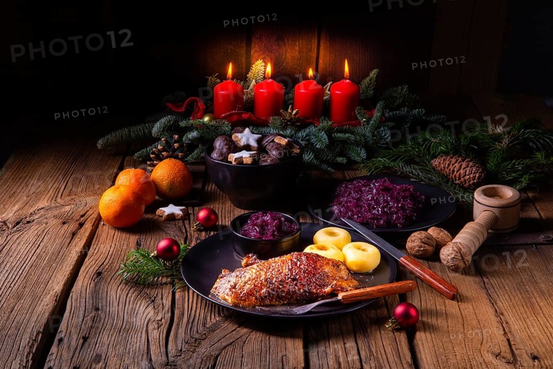 Classic and crispy roast duck with cabbage and dumplings