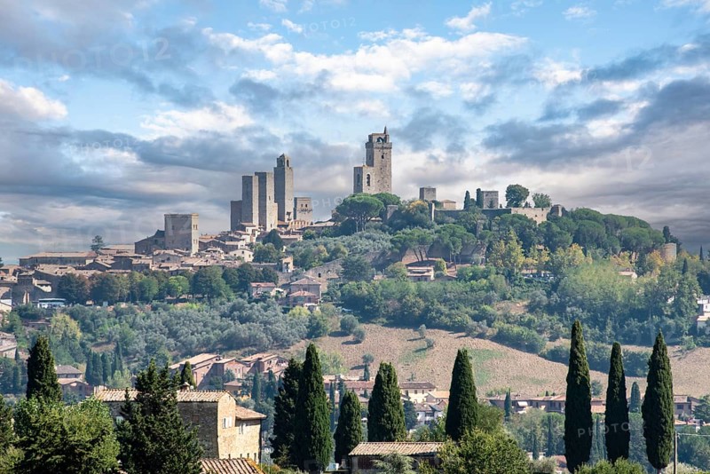 Panoramic view of famous medieval town San Gimignano in the Tuscany, Italy, Europe