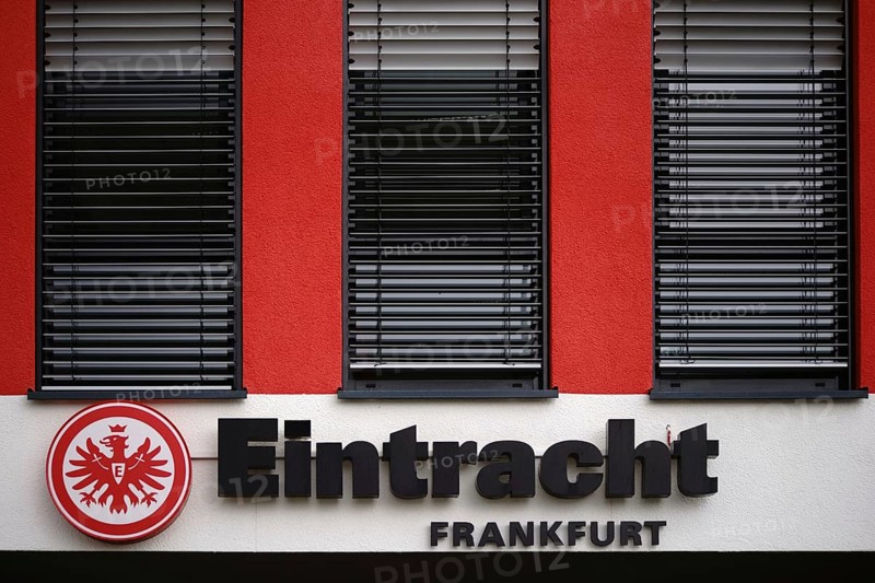 Frankfurt, Germany - August 05, 2017: The coat of arms of the Eintracht Frankfurt sports club on the facade of a club building on 05 August 2017 in Frankfurt, Germany, Europe