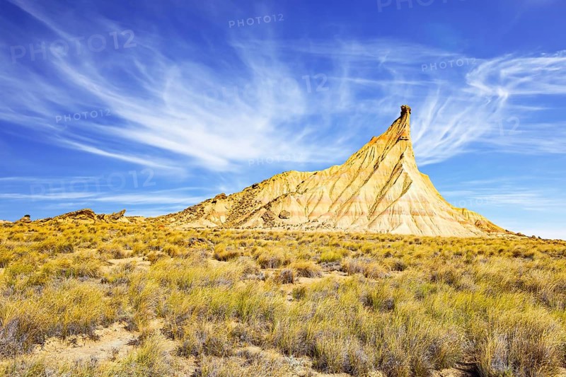 The rock of Castildetierra. Bardenas Reales, the Spanish province of Navarre. Rock formations are unparalleled in Europe. Journey to the warm Spanish autumn