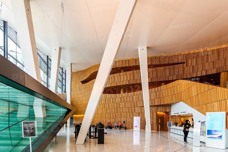 Oslo, Norway, August 11, 2019: Opera house in Oslo. Interior view. Modern building designed by Snohetta architects. It is the National Theater of Opera and Ballet of Norway. Entrance and foyer, Europe