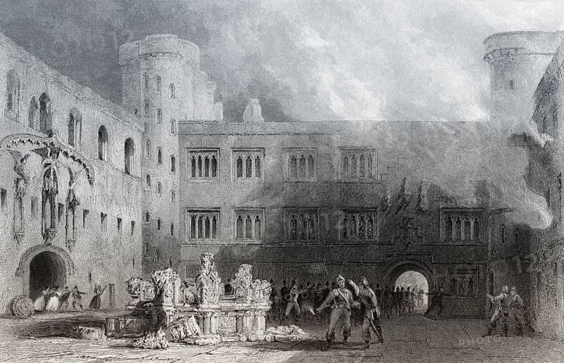 Linlithgow Palace, burning in 1746, Linlithgow, West Lothian, Scotland, United Kingdom, Europe