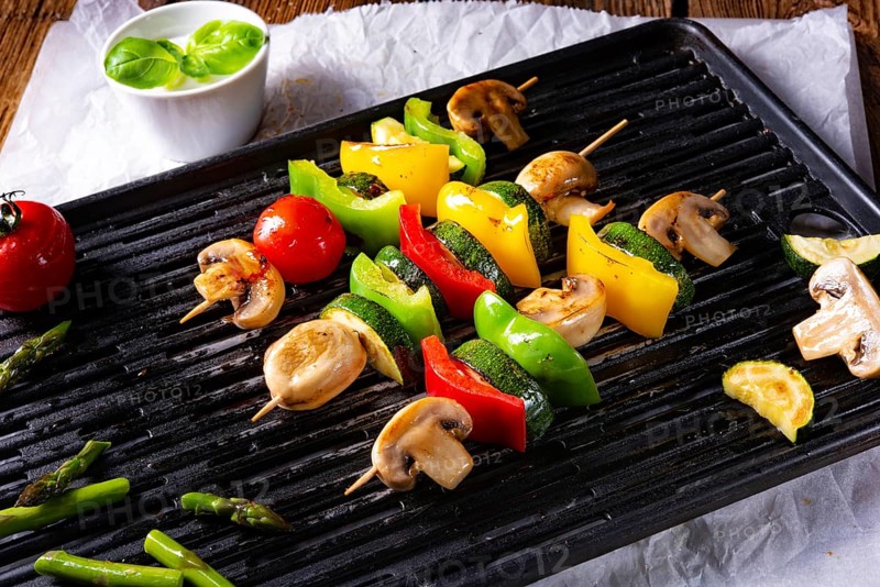 Rustic vegetable shashlik with green asparagus and paprika