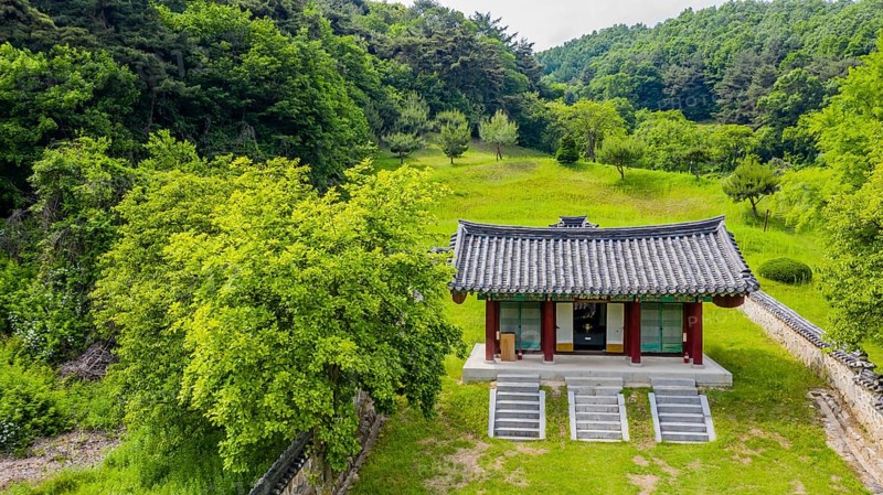 Cheongju, South Korea, May 31, 2020: Aerial view of shrine honoring independence activist, historian and journalist Chae Ho Sin (1880-1396), Asia