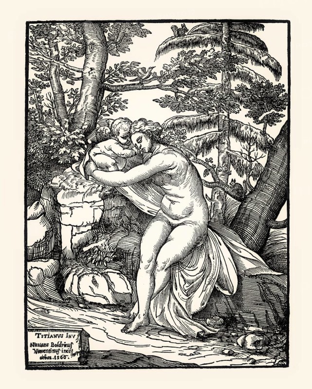 Venus and Amor, 1566, by Niccolo Boldrini after Tizian, facsimile of the 19th century