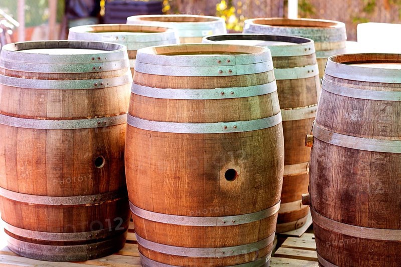 Barrels of oak wood for wine or liquor in a row